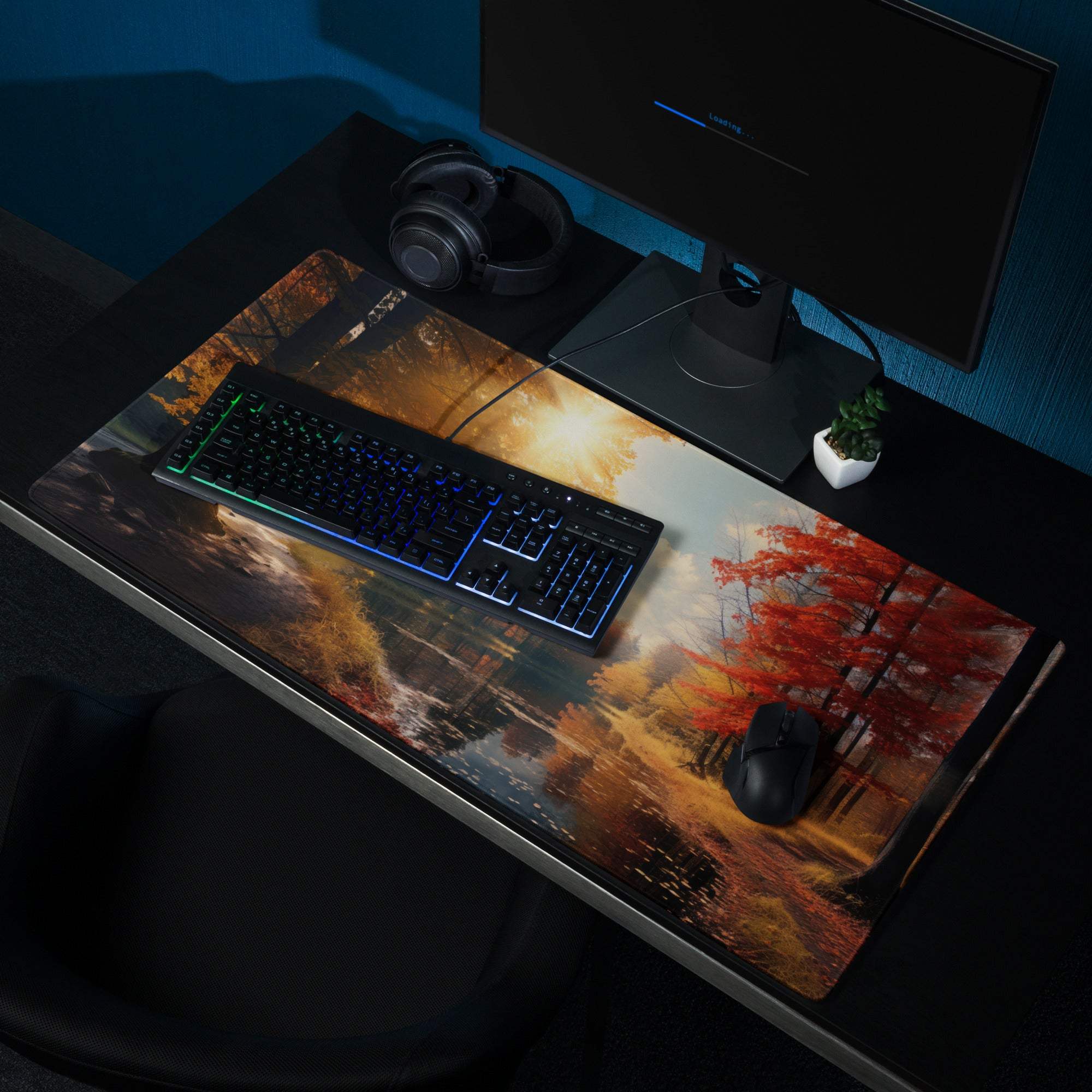 Large Autumn Forest gaming mouse pad with red trees, non-slip backing