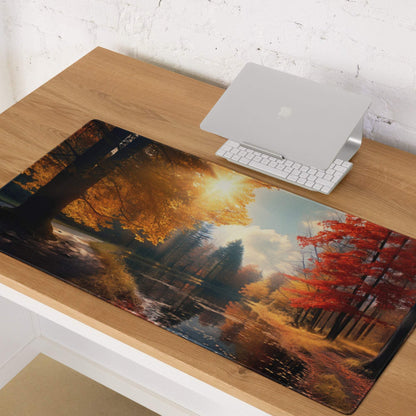 Large Autumn Forest gaming mouse pad with non-slip backing and vivid fall colors