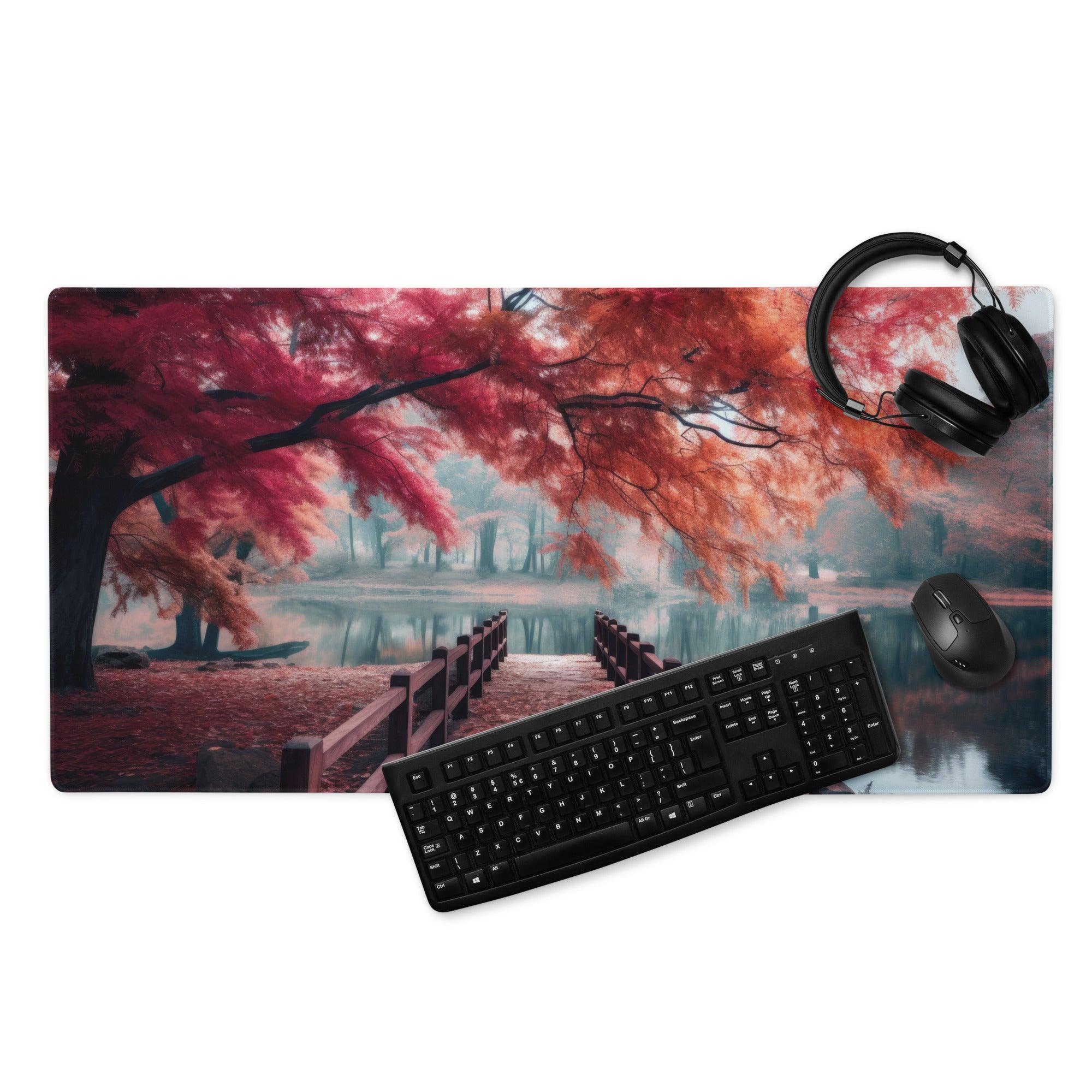 Serene Autumn Forest Bridge Over Quiet Lake premium large gaming mouse pad