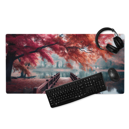 Serene Autumn Forest Bridge Over Quiet Lake premium large gaming mouse pad