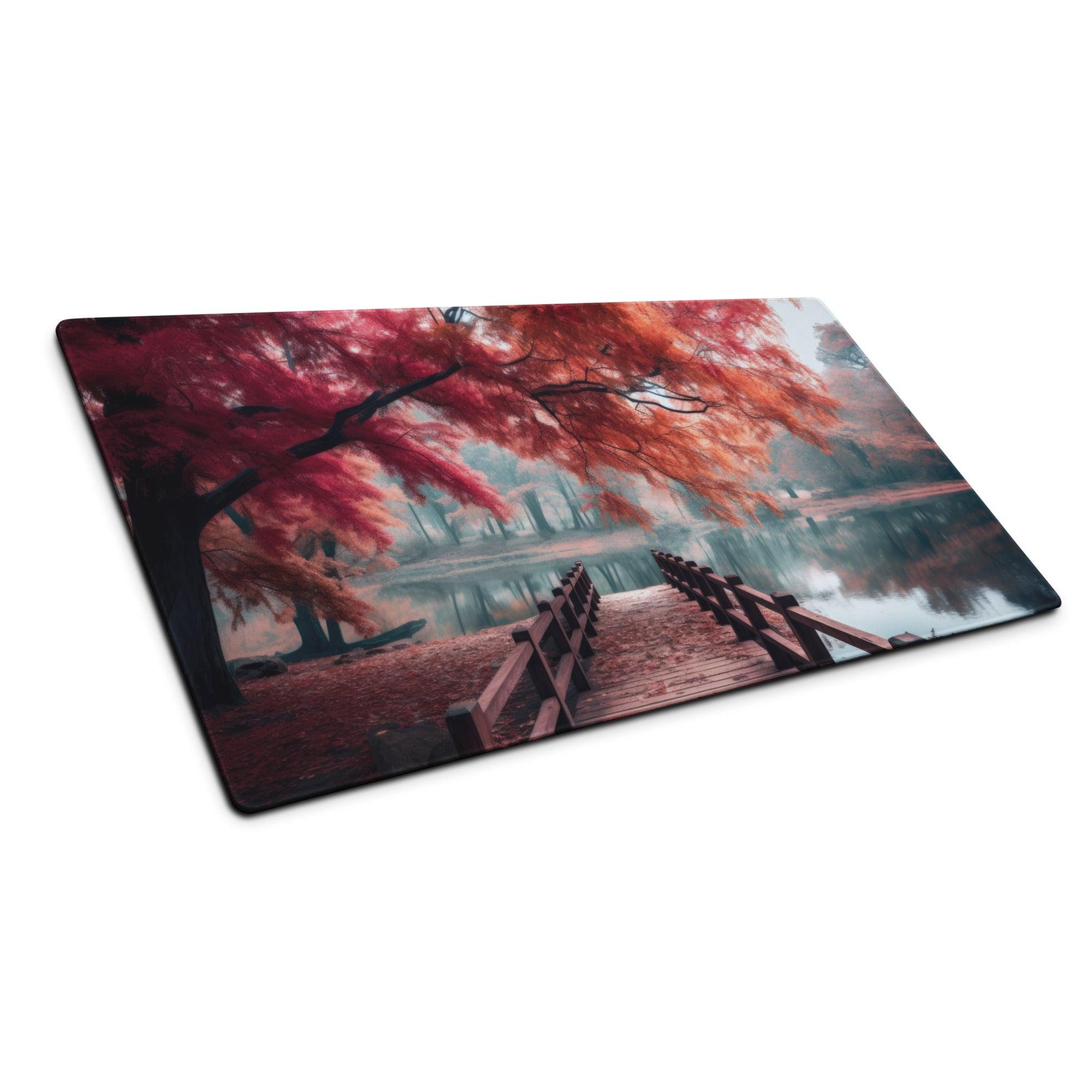 Serene autumn forest bridge over lake on large gaming mouse pad