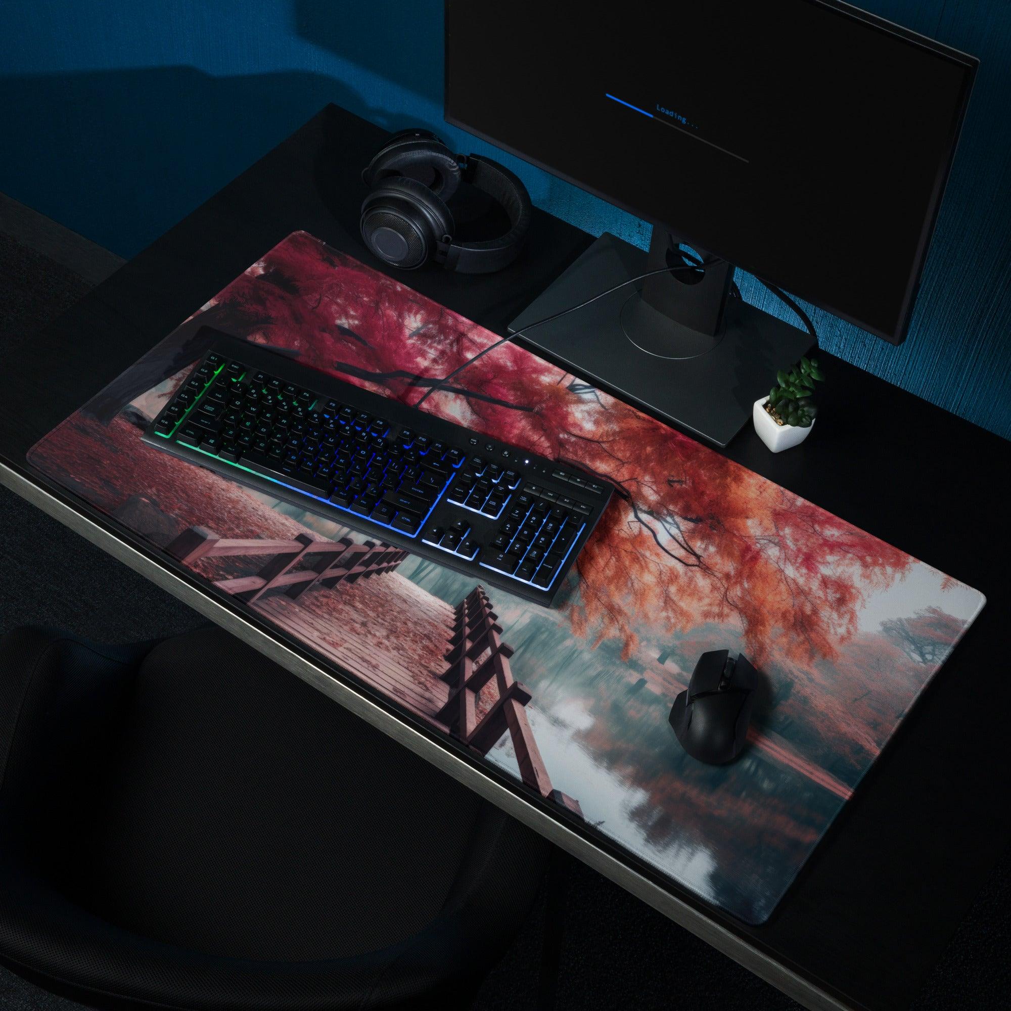 Serene autumn forest bridge over quiet lake gaming mouse pad
