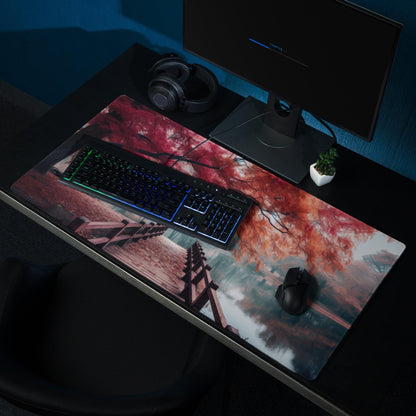 Serene autumn forest bridge over quiet lake gaming mouse pad