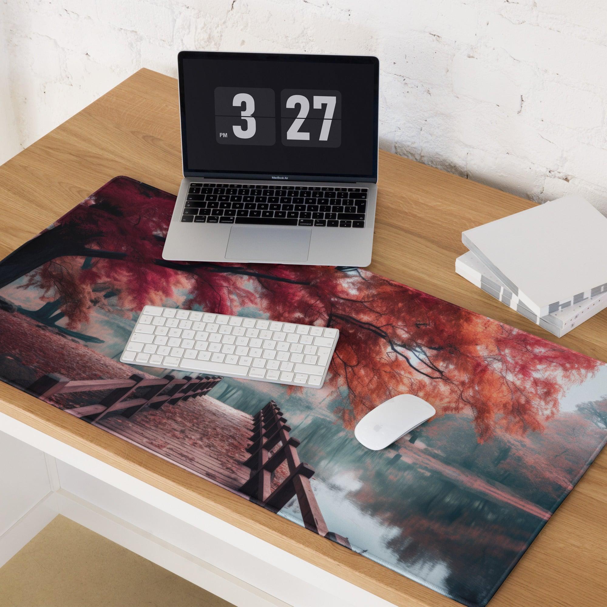 Vibrant red orange autumn bridge over lake gaming mouse pad