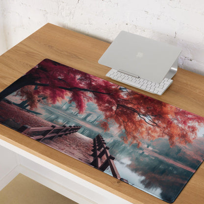 Serene autumn forest bridge over quiet lake premium gaming mouse pad
