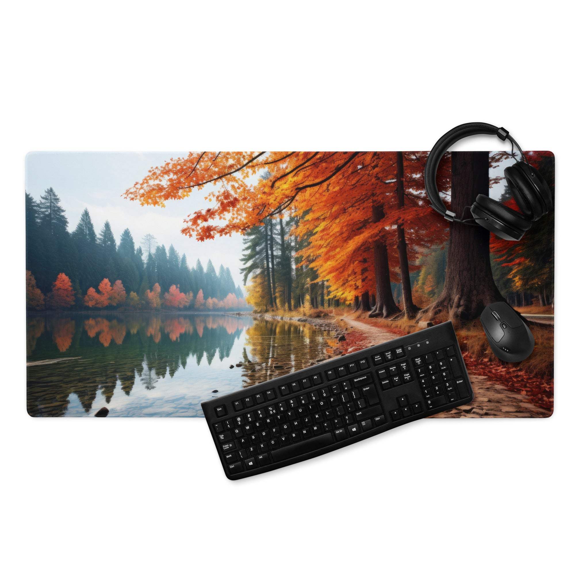 Autumn forest mouse pad with orange leaves, calm water reflection, large non-slip gaming mat