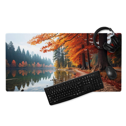 Autumn forest mouse pad with orange leaves, calm water reflection, large non-slip gaming mat
