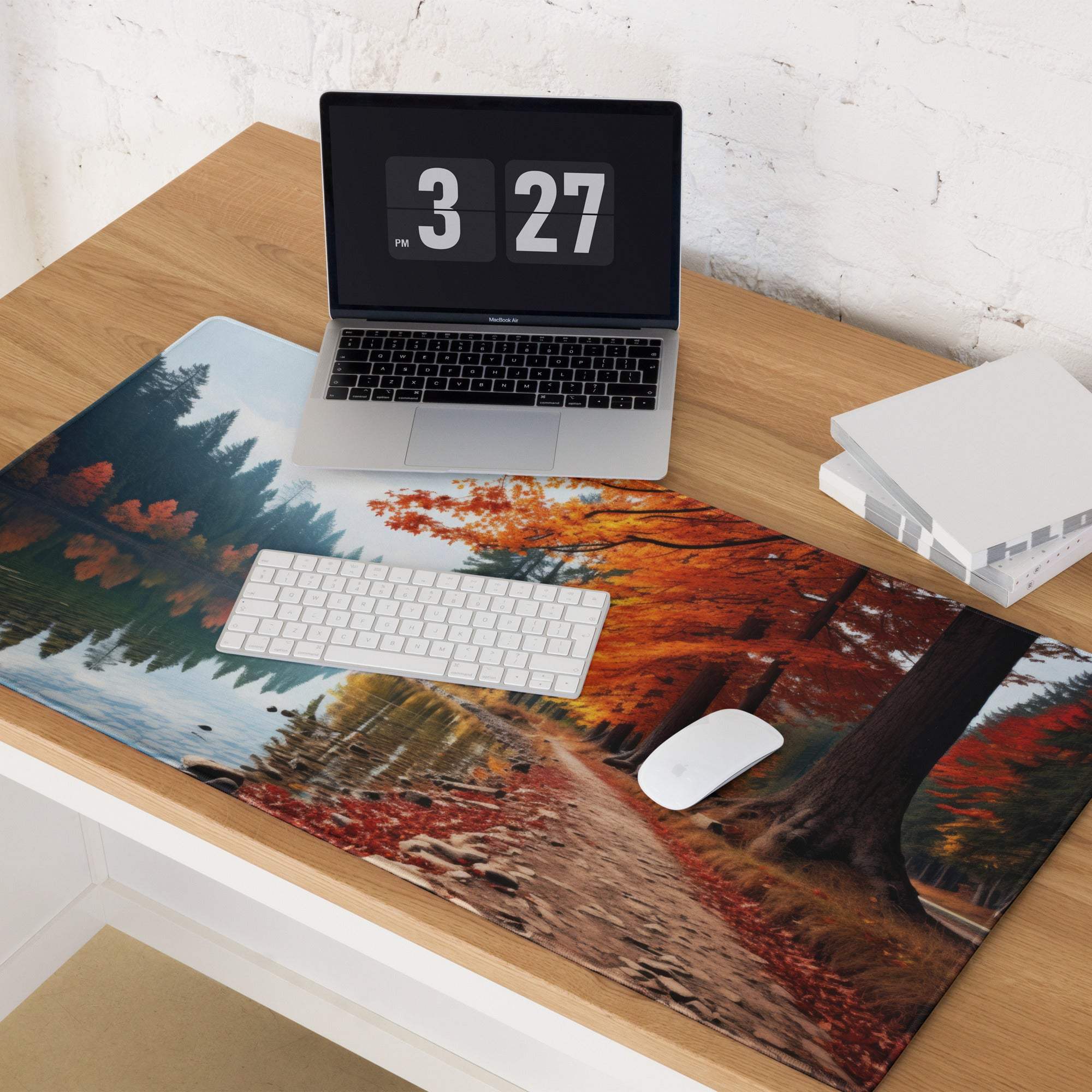 Autumn forest mousepad with red orange leaves in water reflection