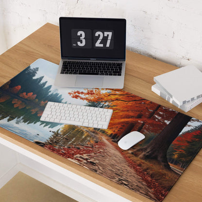Autumn forest mousepad with red orange leaves in water reflection