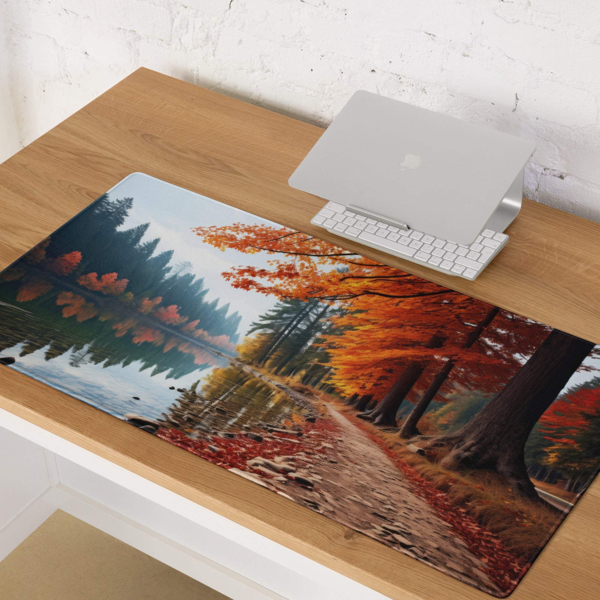 Autumn forest landscape large non-slip gaming mouse pad with lake and fall leaves