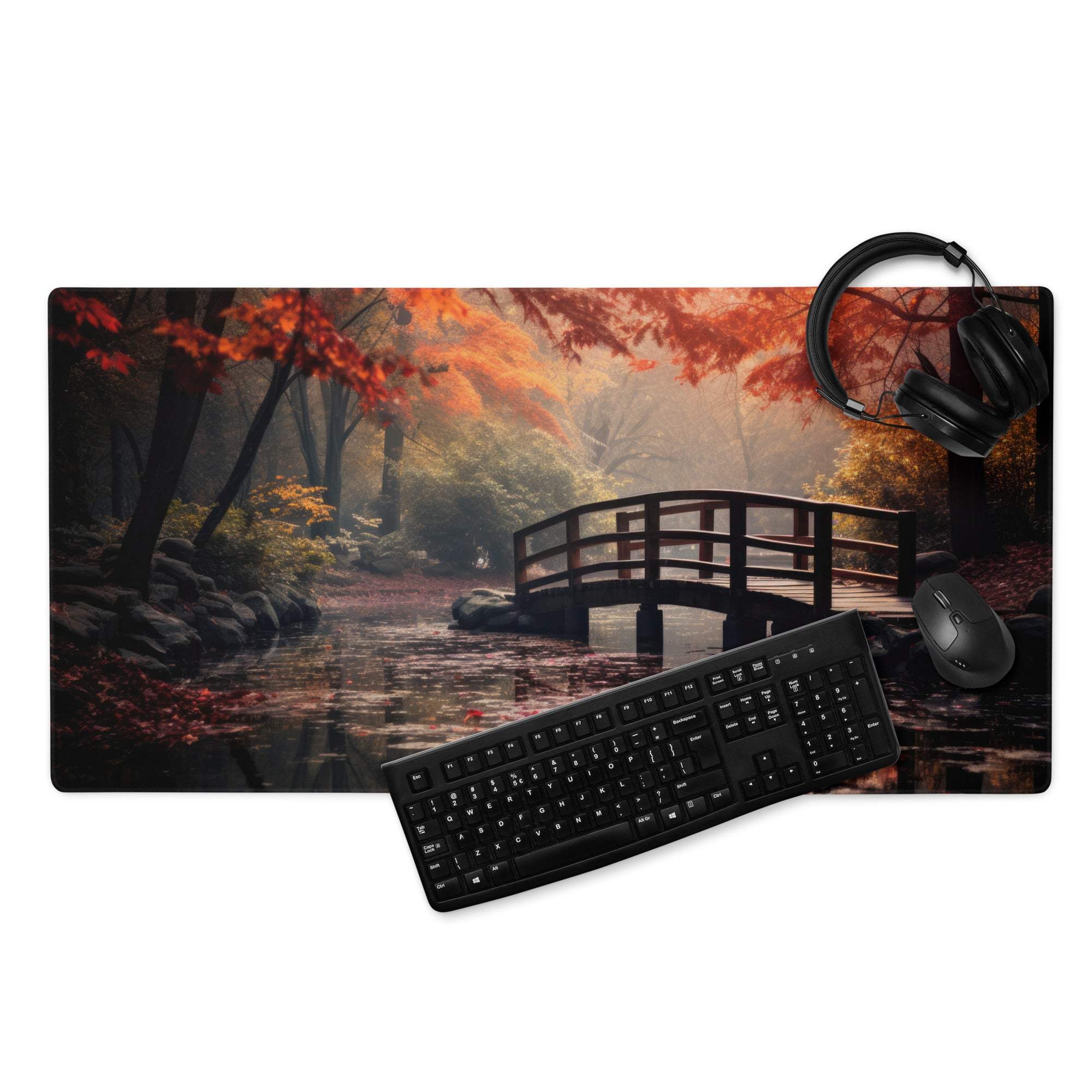 Large Autumn Forest Bridge gaming mouse pad with red foliage, misty water, non-slip stitched edges