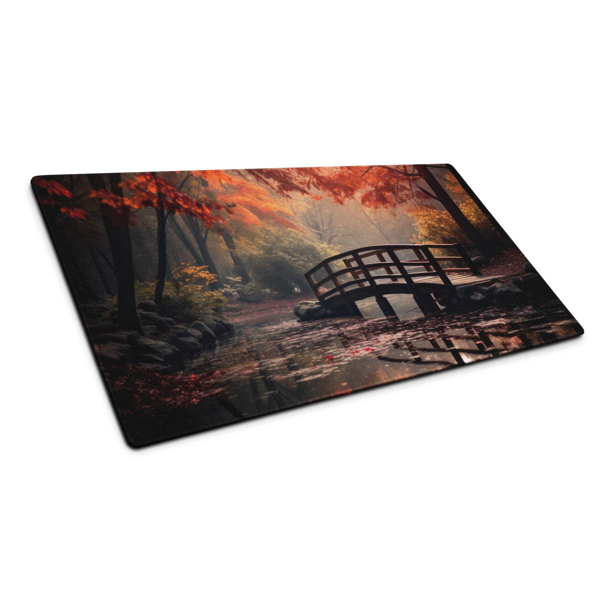 Autumn forest bridge scene large gaming mouse pad with vibrant maple trees
