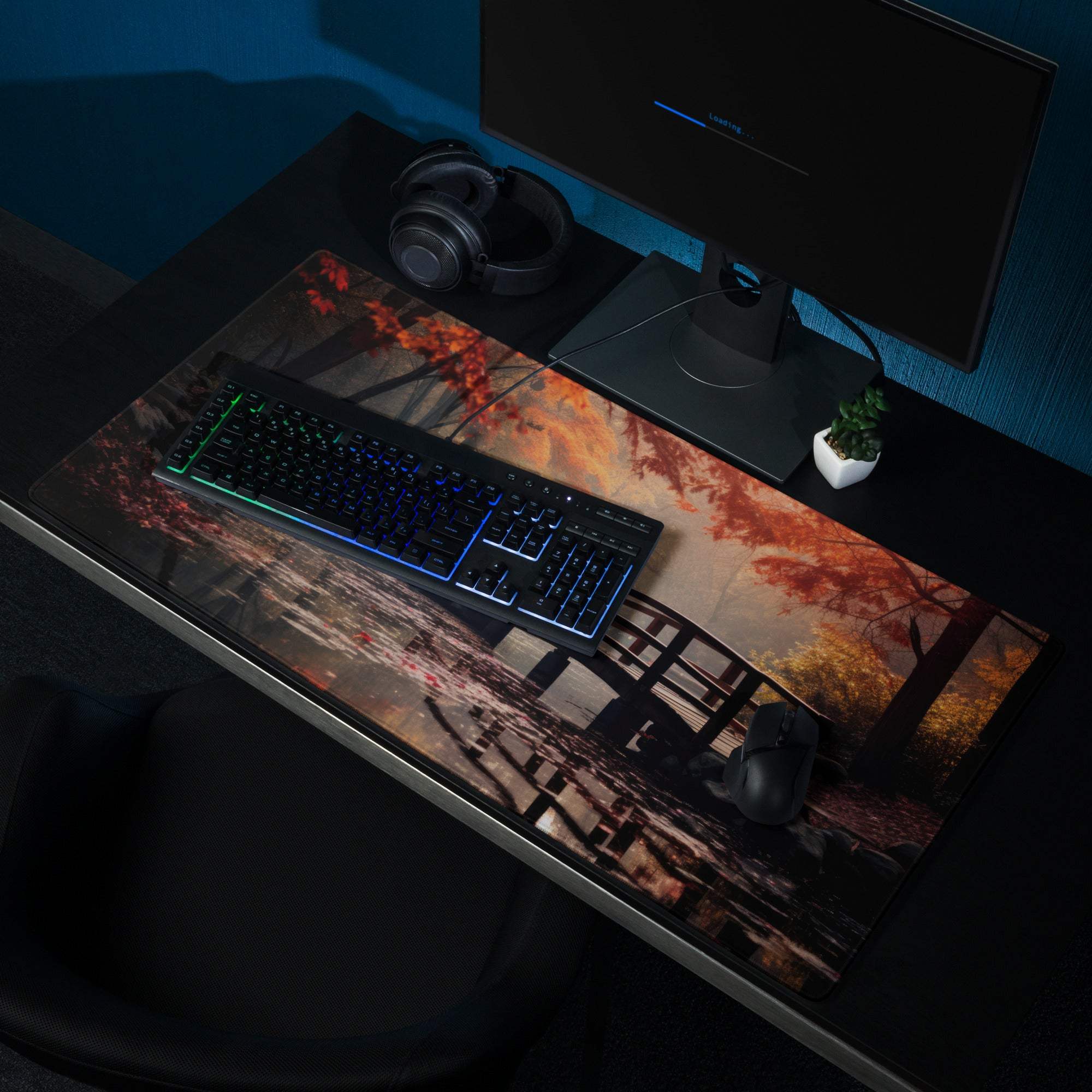 Large autumn forest bridge gaming mouse pad with vibrant leaves, non-slip, stitched edges