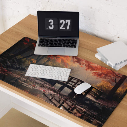 Autumn forest bridge gaming mouse pad with red maple trees and wooden bridge