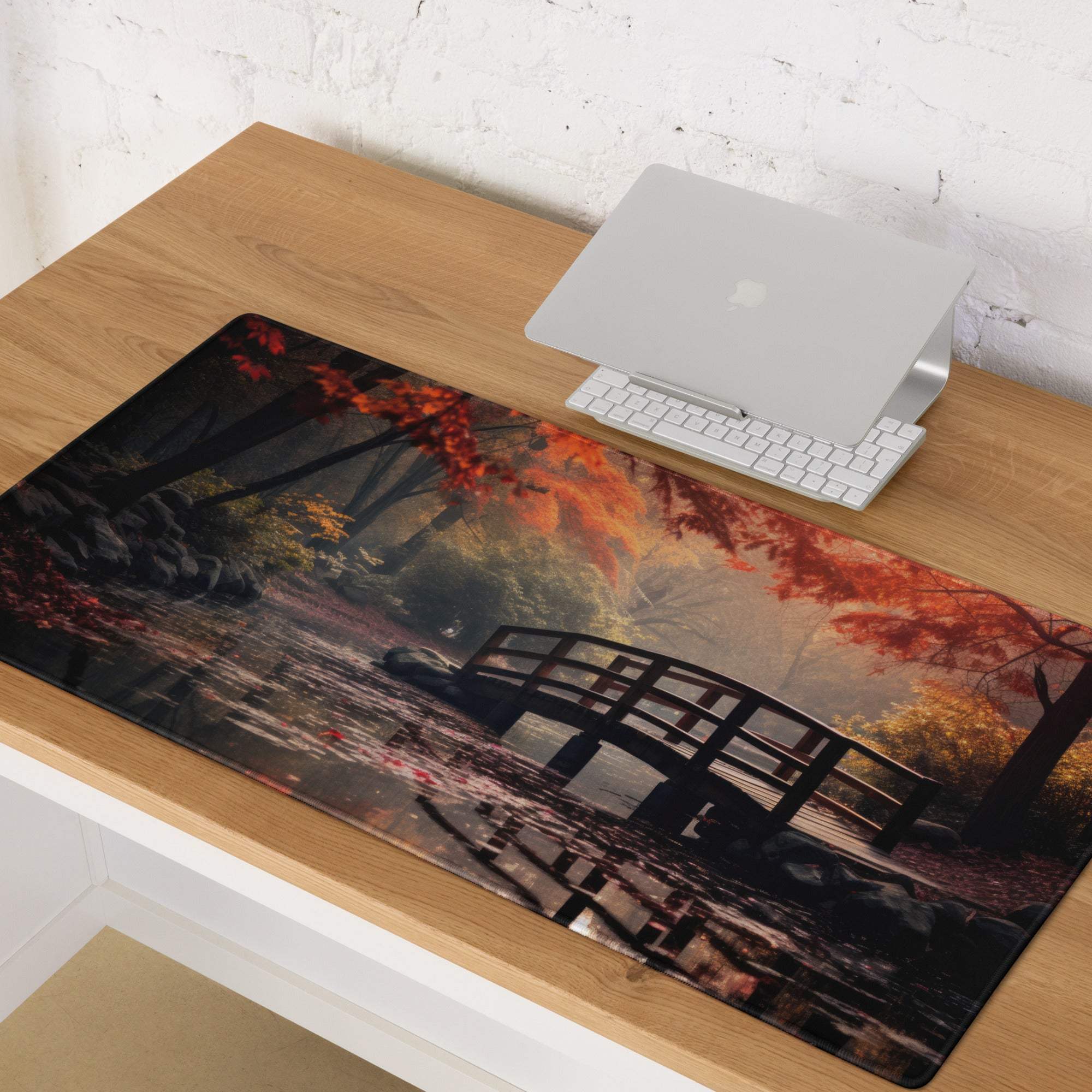 Large Autumn Forest Bridge gaming mouse pad with Japanese garden, red maple leaves, non-slip stitched edges