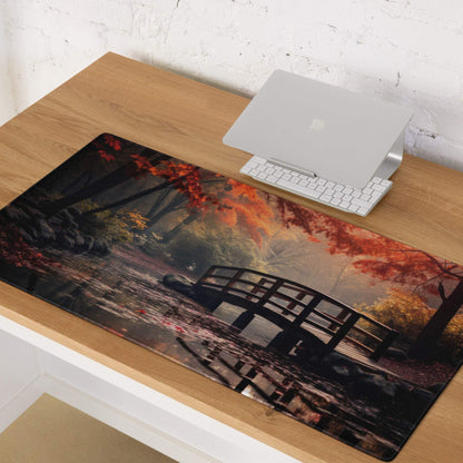 Large Autumn Forest Bridge gaming mouse pad with Japanese garden, red maple leaves, non-slip stitched edges