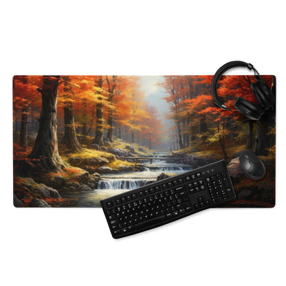 Large nature-inspired autumn forest gaming mouse pad with warm fall colors