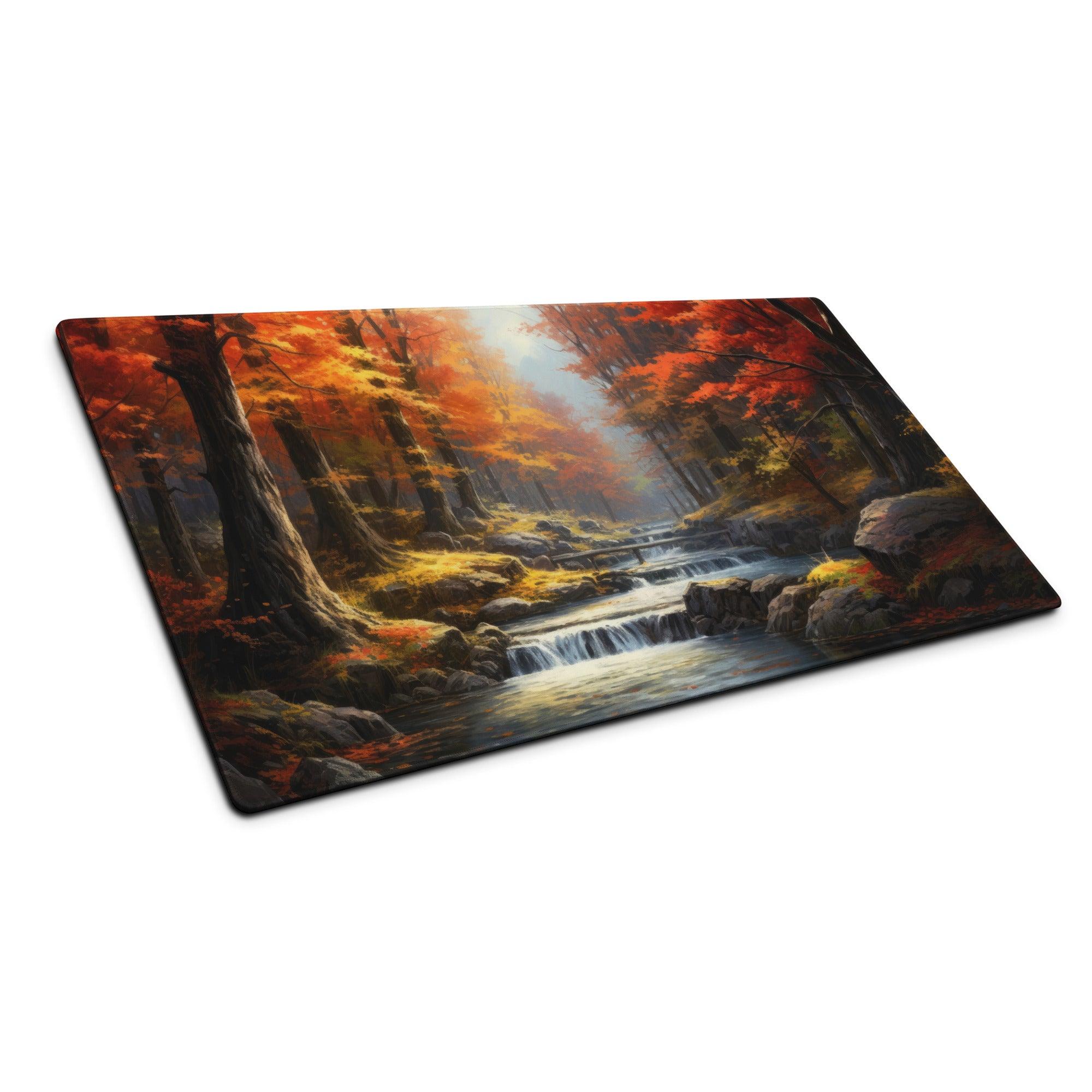 Large autumn forest gaming mouse pad with vivid orange foliage, waterfalls, non-slip base