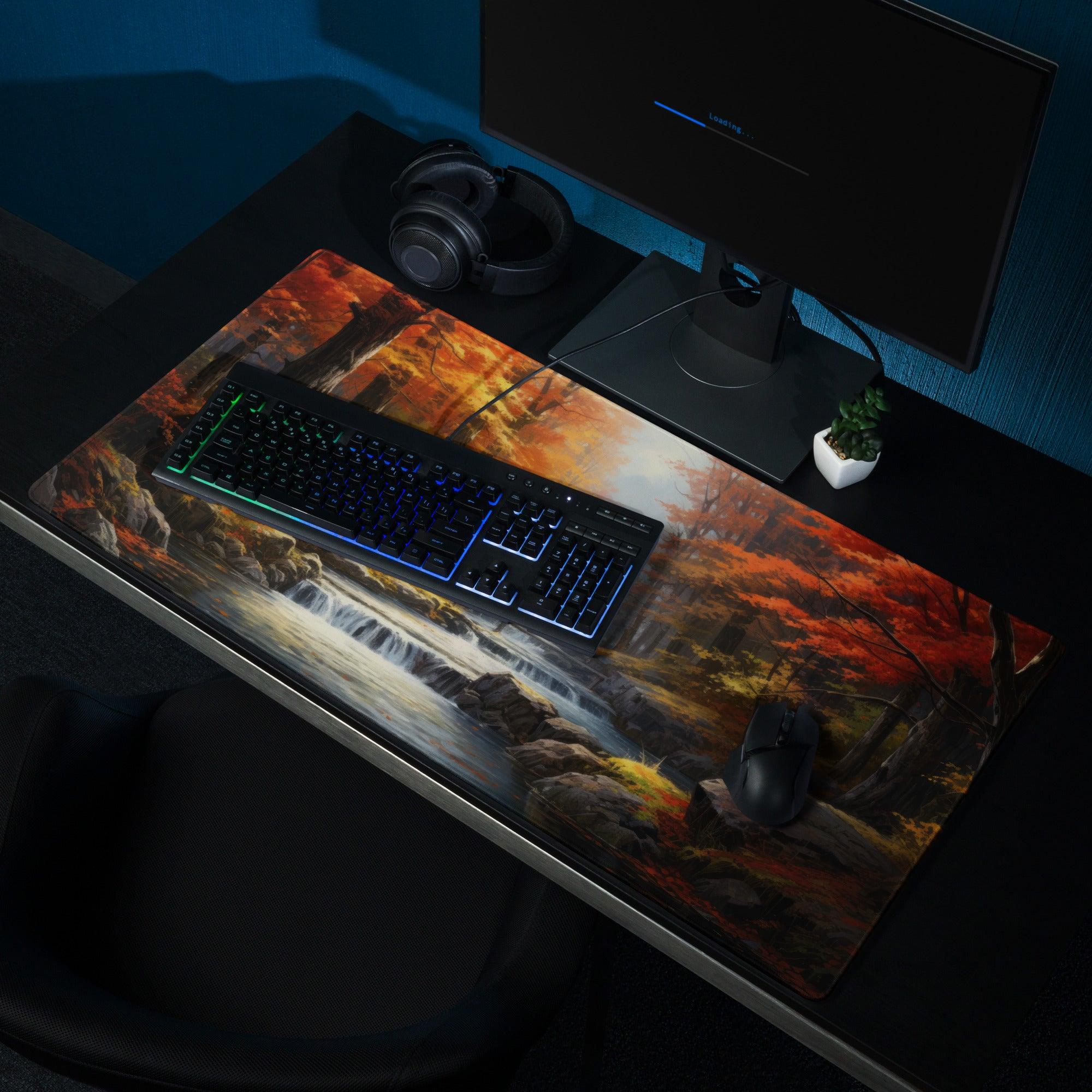 Large nature-inspired autumn forest gaming mouse pad with warm fall colors