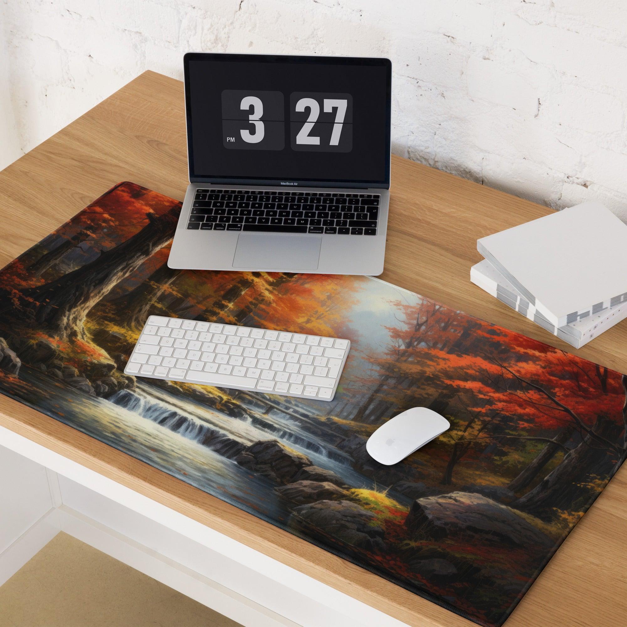 Large nature-inspired autumn forest gaming mouse pad with fiery fall colors, waterfalls, non-slip base