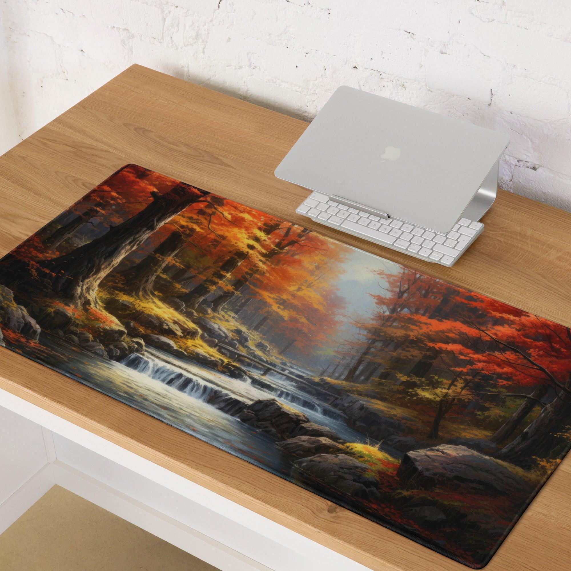Large nature-inspired autumn forest gaming mouse pad with vibrant reds, golds, and non-slip base