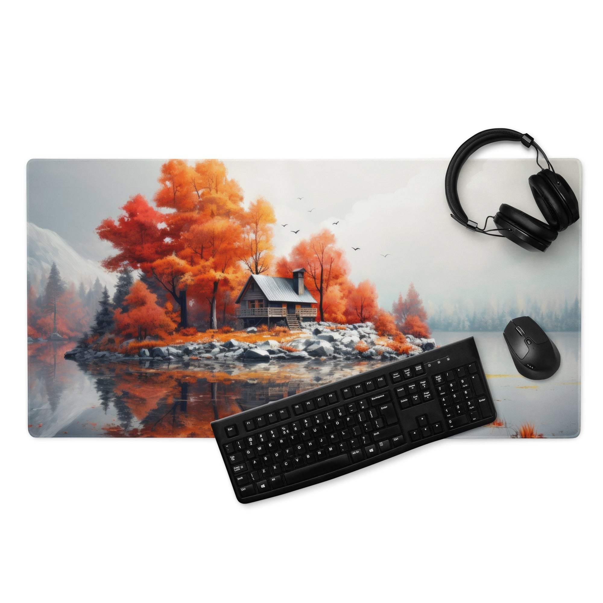 Autumn lake cabin gaming mouse pad with scenic orange trees and rustic island cabin