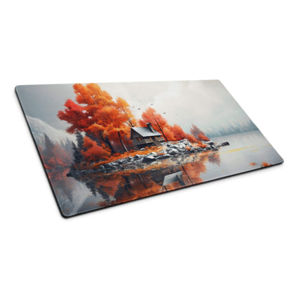 Autumn Lake Cabin gaming mouse pad with fiery orange trees and rustic cabin scene
