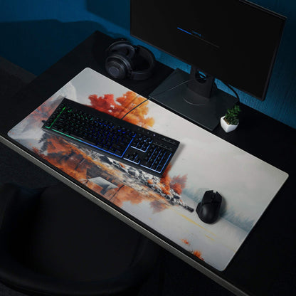 Large Autumn Lake Cabin gaming mouse pad with fiery orange battlefield design
