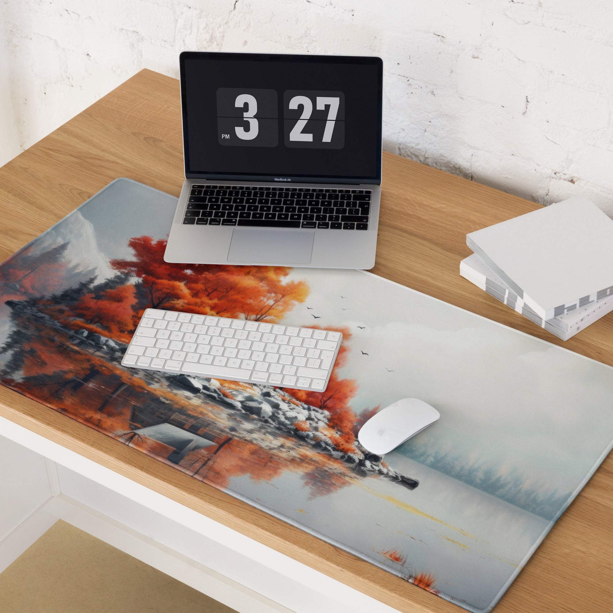 Autumn Lake Cabin gaming mouse pad with fiery orange autumn landscape