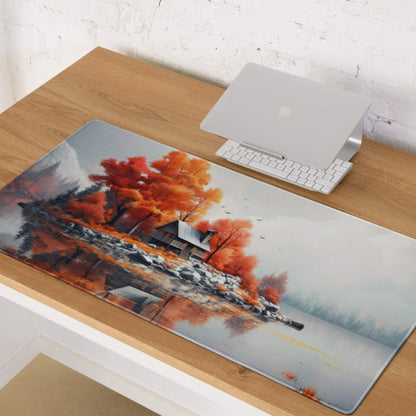 Autumn Lake Cabin gaming mouse pad with vibrant trees, cabin, and lake reflection