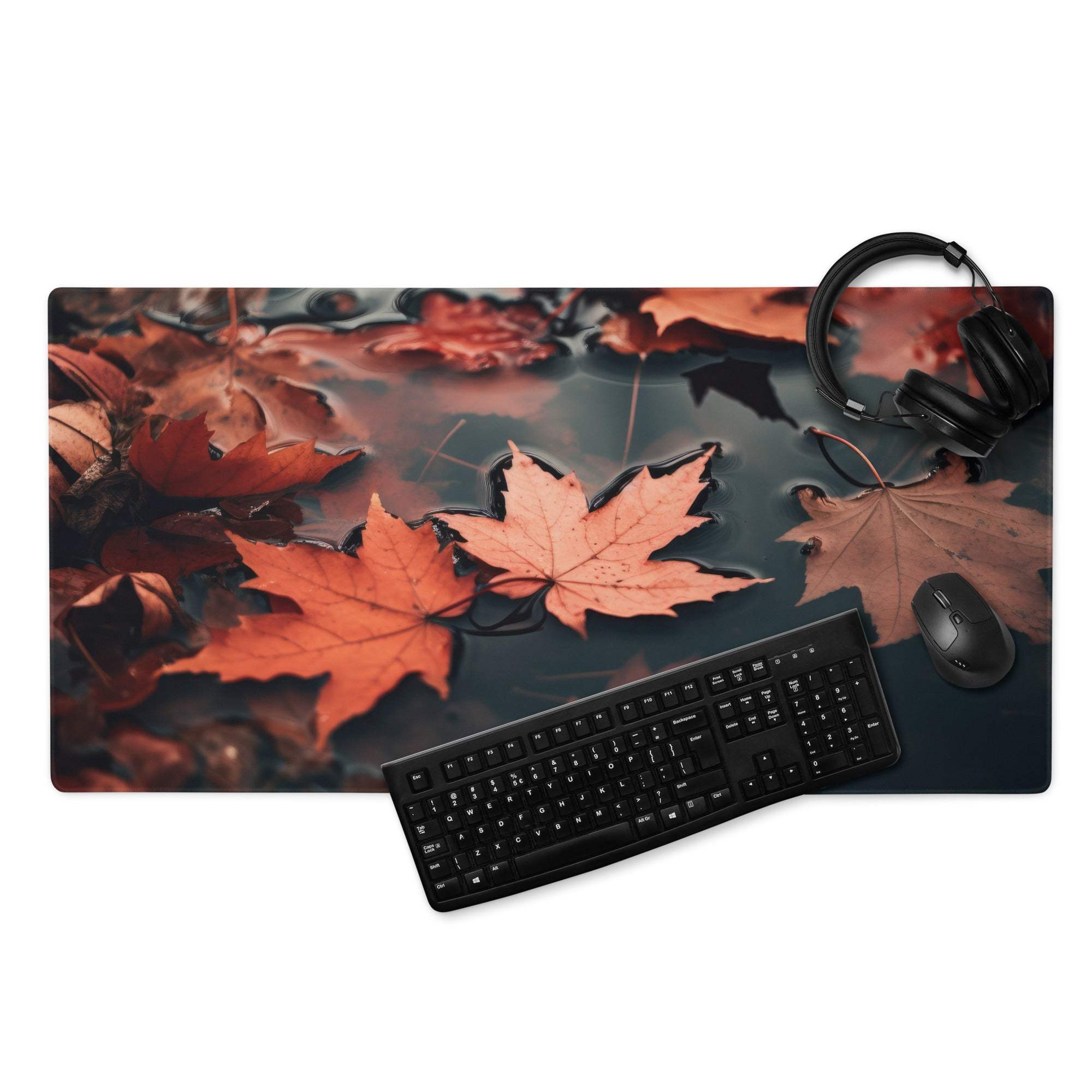 Autumn leaves gaming mouse pad with vivid orange red maple leaves on dark water