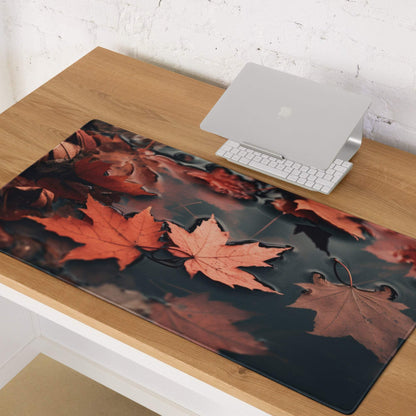 Autumn leaves gaming mouse pad with vivid orange red maple leaves on dark water