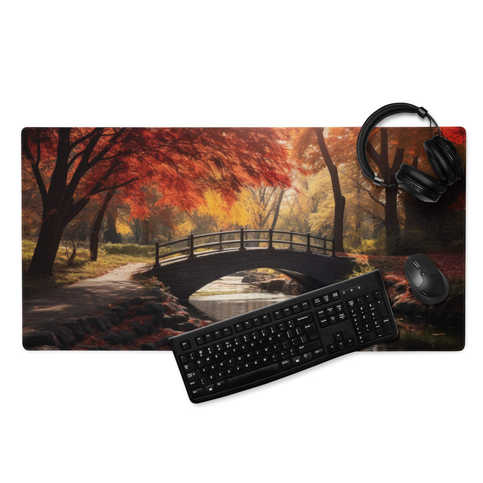 Premium Autumn Forest Bridge gaming mouse pad with serene fall colors