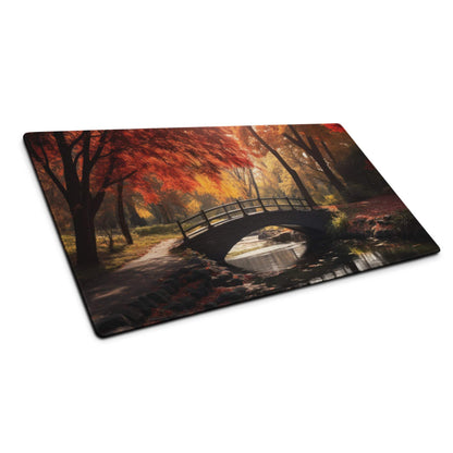 Premium autumn forest bridge gaming mouse pad with fiery maple trees over stream