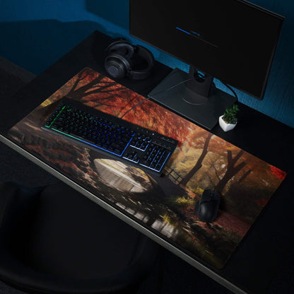 Premium Autumn Forest Bridge gaming mouse pad with serene fall colors