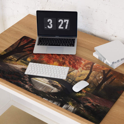 Premium Autumn Forest Bridge gaming mouse pad with fiery fall leaves