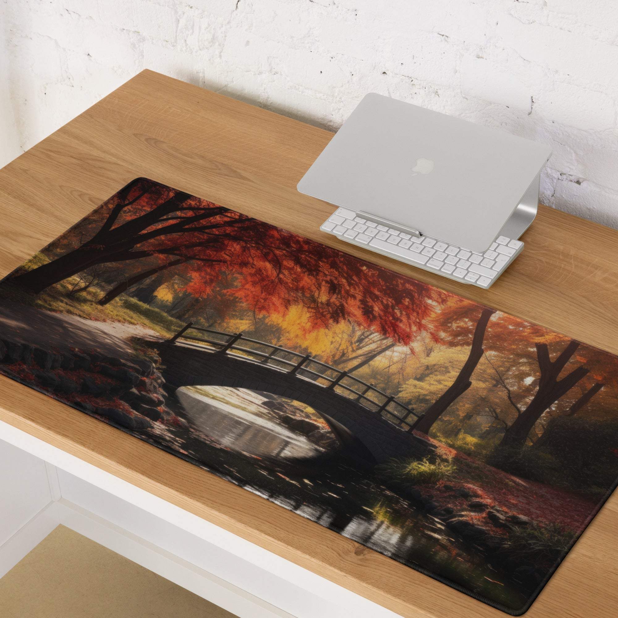 Premium Autumn Forest Bridge gaming mouse pad with serene fall colors
