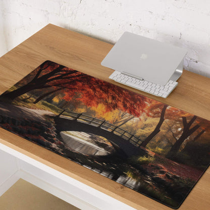 Premium Autumn Forest Bridge gaming mouse pad with serene fall colors