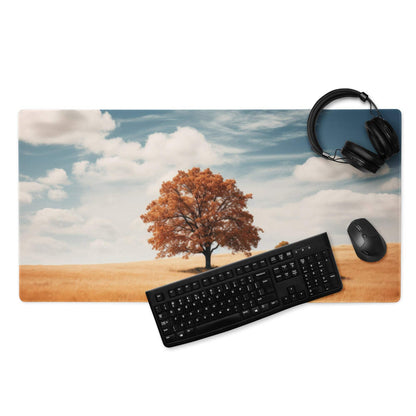 Calm autumn tree mousepad with orange leaves, blue sky on golden field