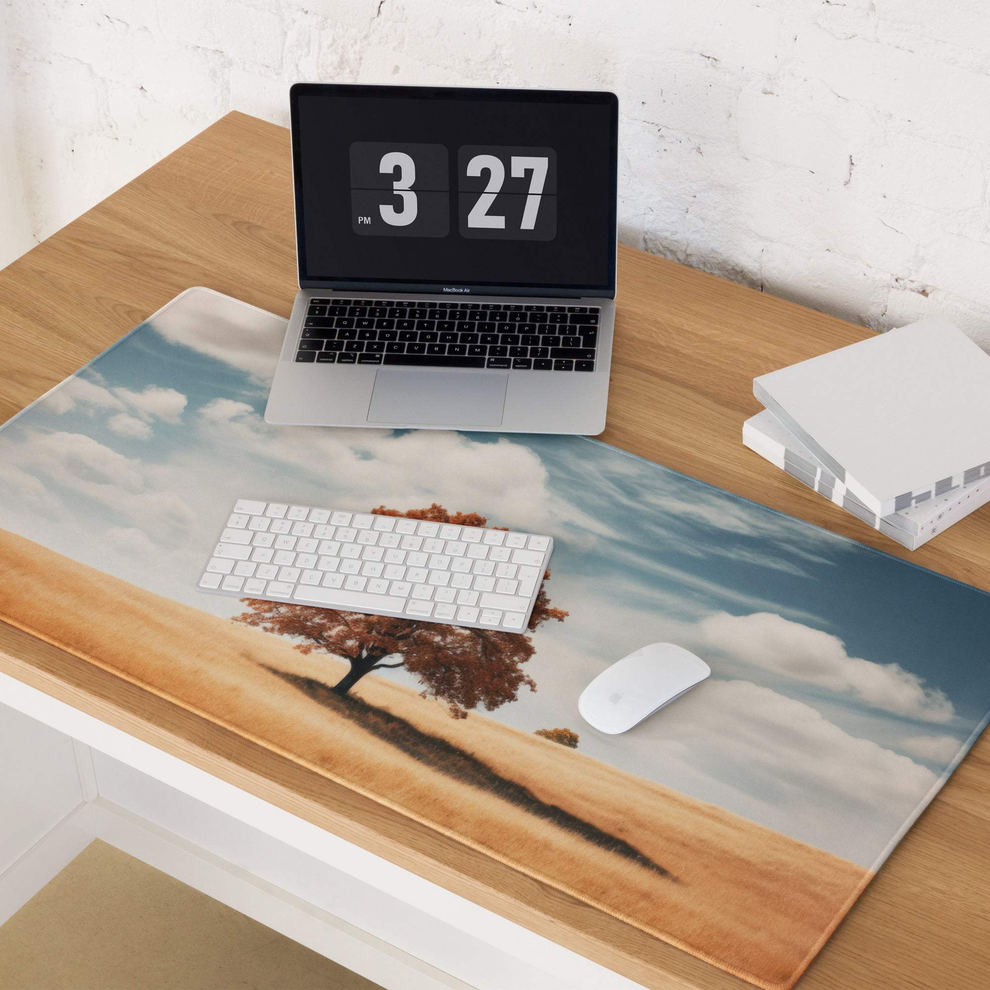 Calm autumn lone tree landscape gaming mouse pad on wood desk