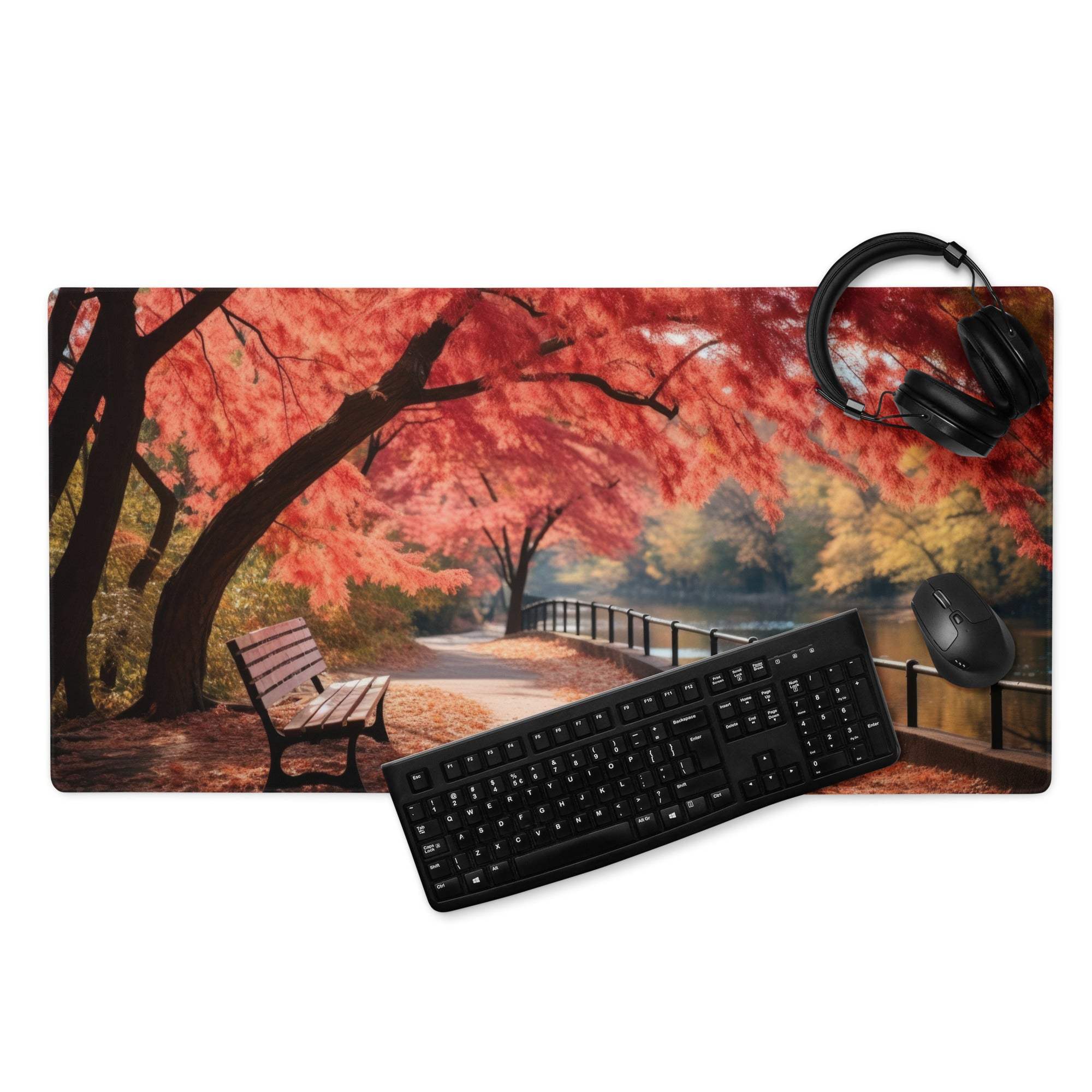 Autumn landscape riverside path gaming mouse pad with red leaves and bench