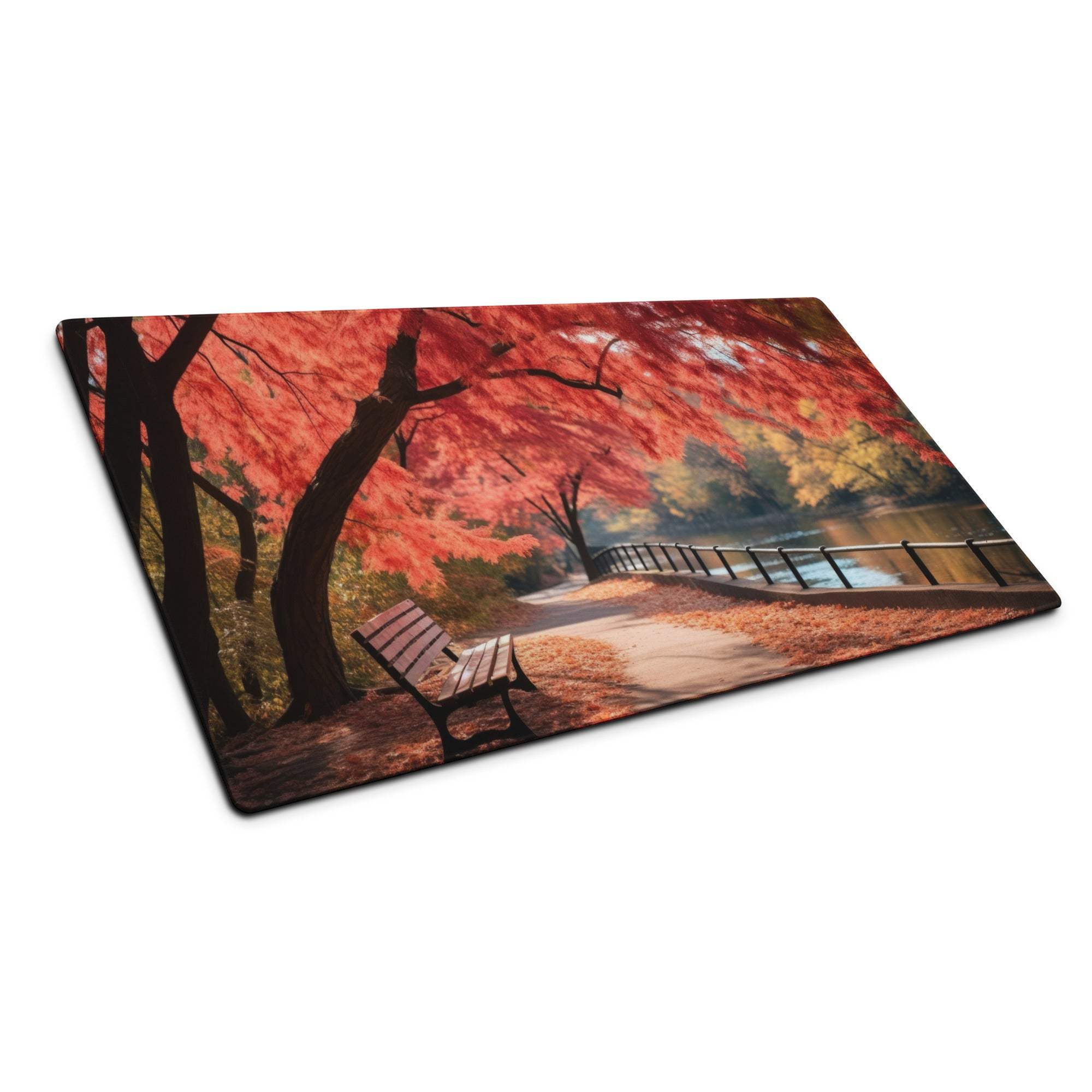 Autumn landscape gaming mouse pad with red leaves, bench, riverside path