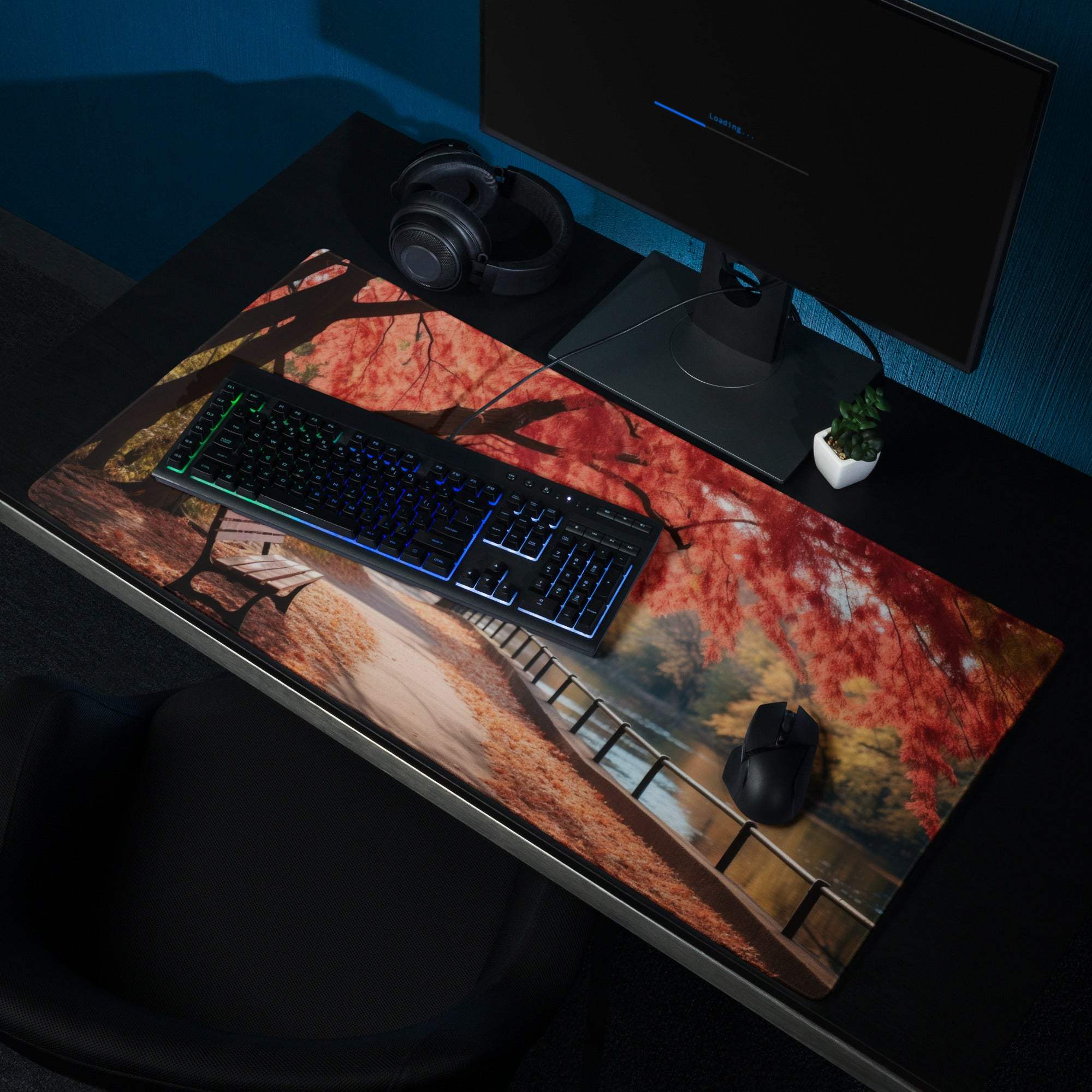 Autumn Landscape Riverside Path gaming mouse pad with red leaves and bench