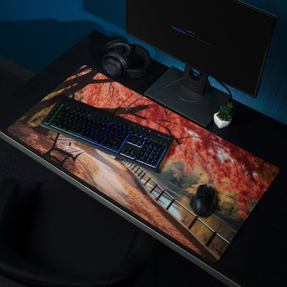 Autumn Landscape Riverside Path gaming mouse pad with red leaves and bench