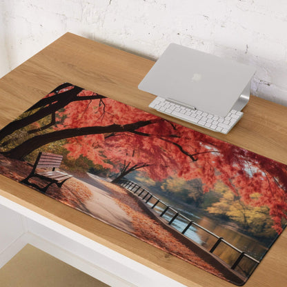 Autumn landscape gaming mouse pad with red leaves, bench, bridge, path