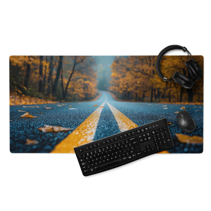Autumn Road large gaming mouse pad with golden trees scenic road and leaves