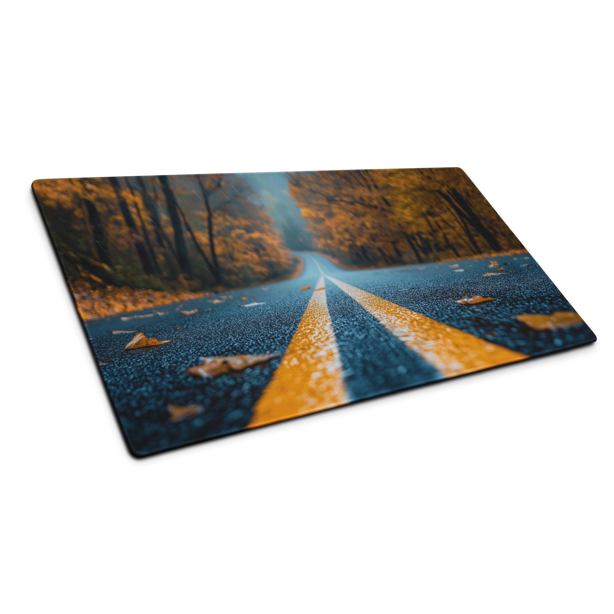 Autumn road gaming mouse pad with golden leaves asphalt scene