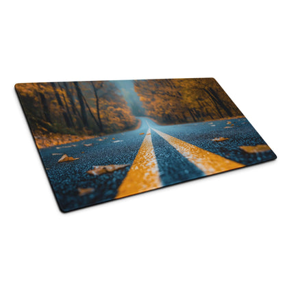 Autumn road gaming mouse pad with golden leaves asphalt scene