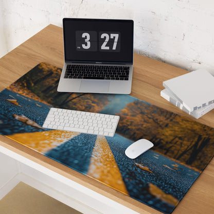 Large Autumn Road gaming mouse pad with non-slip surface and stitched edges