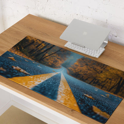 Autumn Road large gaming mouse pad with vivid fall scene, non-slip surface